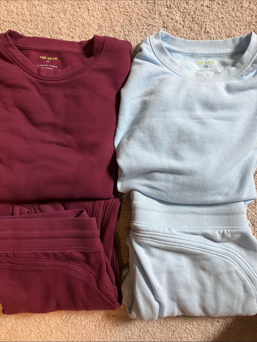 Tek Gear Ultra Soft Fleece Sweatshirt Sweat Pant Set M Burgundy or Light Blue